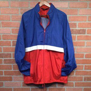 Vintage Woolrich Mens Red Blue Nylon Windbreaker Jacket Hidden Hood Size L